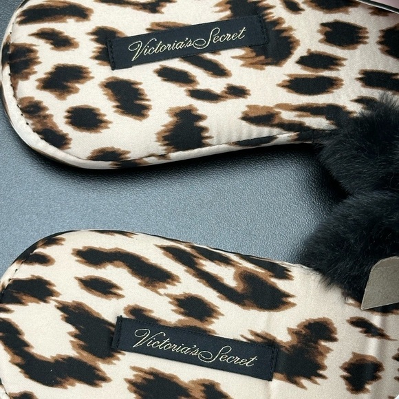 Victoria’s Secret Leopard Print Bed Slippers Medium (7-8) Satiny Faux Fur Trim - Picture 6 of 12